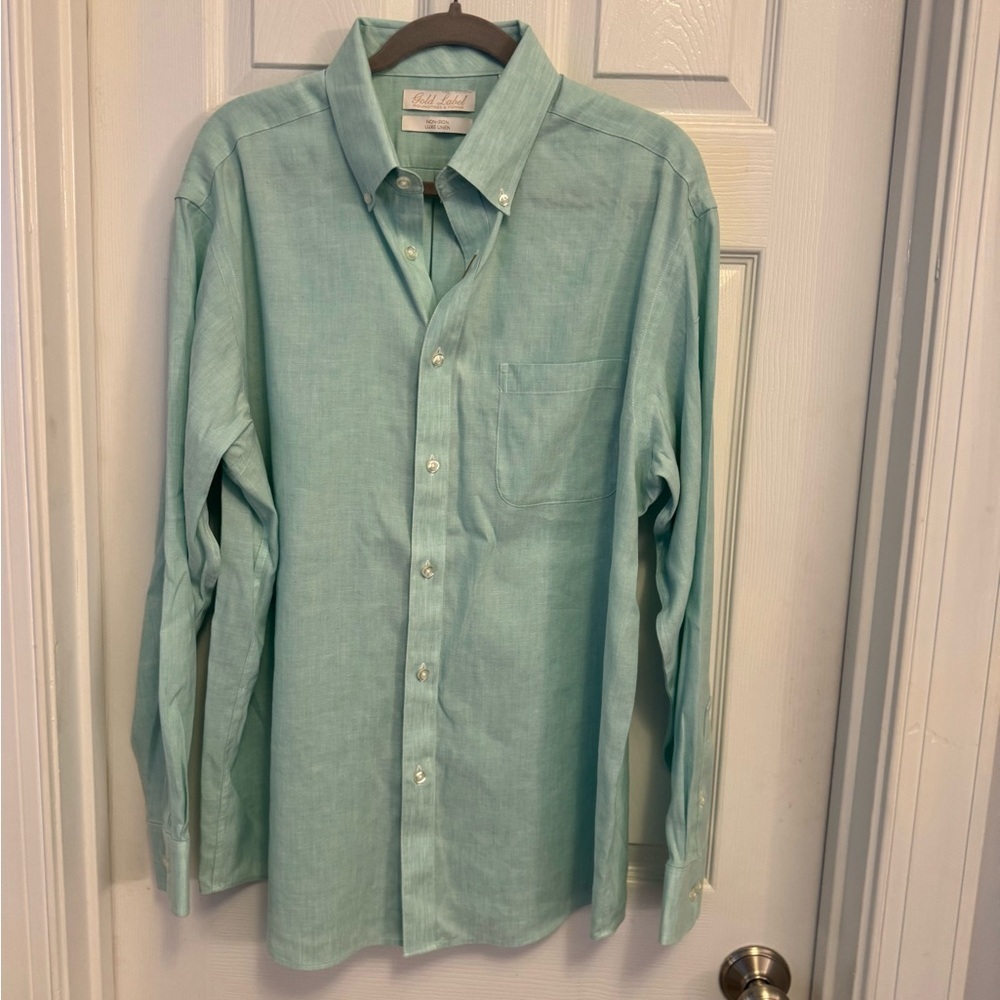 Men’s Roundtree & Yorke button down dress shirt L. Linen/Cotton NWT mint green